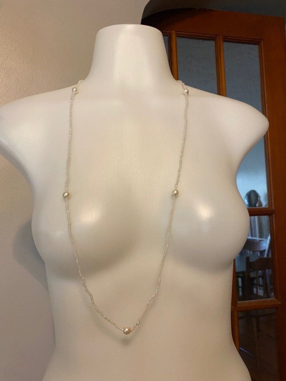 Long Faux Pearl White Beaded Layering Necklace